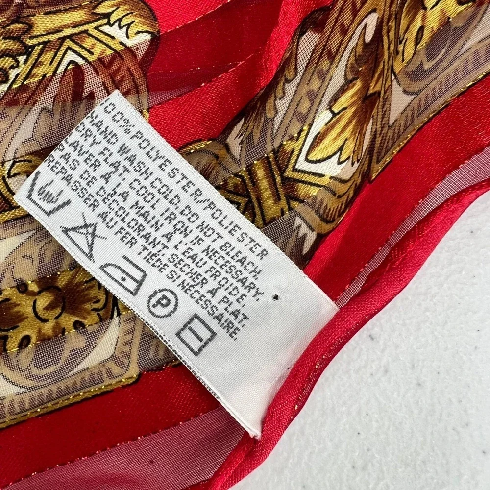 Vintage Liz Claiborne Scarf Sheer Stripe Red Gold Skeleton Keys Script Baroque